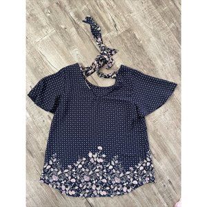 Les Amis NAvy FLORAL FlowY BLOUSE With Tie Back Accent Small S